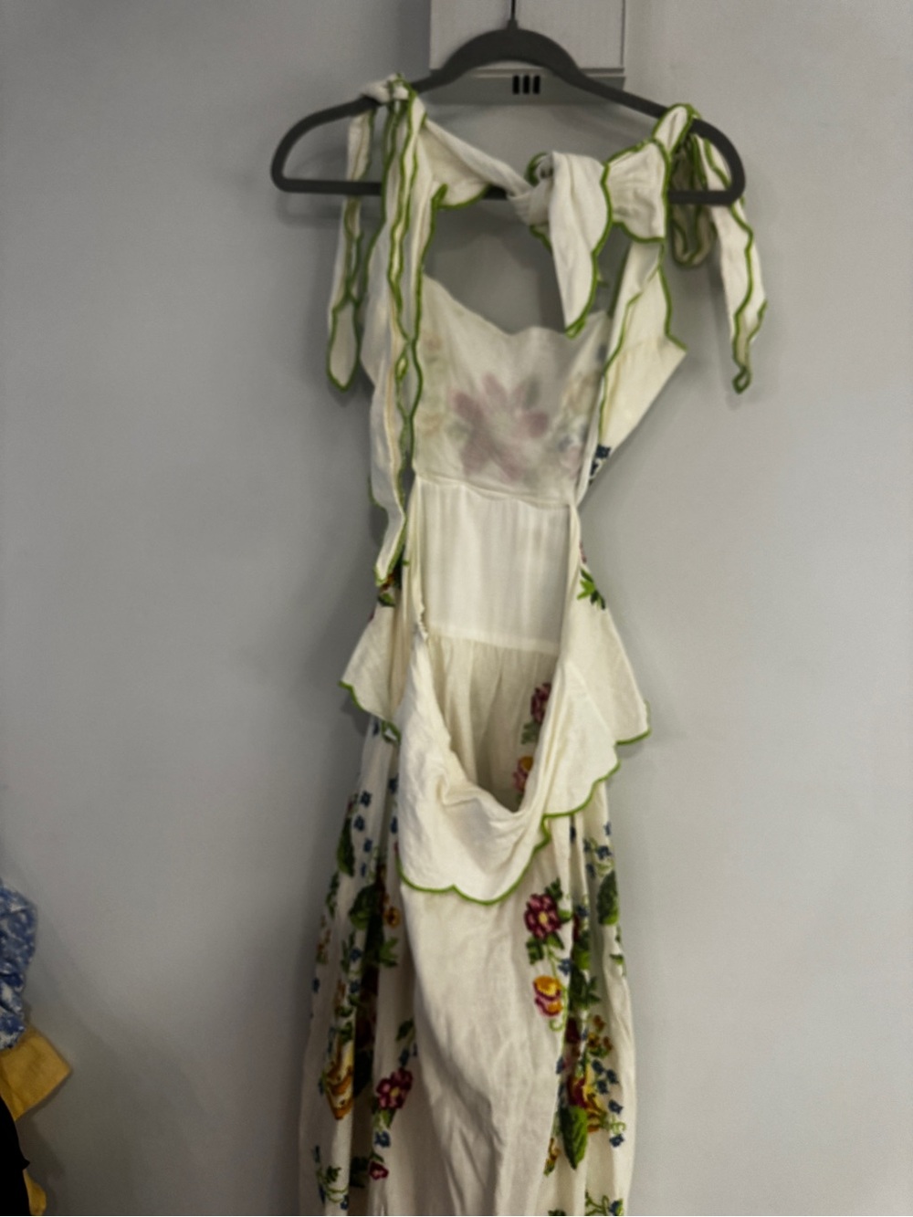 Farm Rio Tropical Romance Ivory Embroidered Floral Cutout Dress with Green Trim - Picture 6 of 6